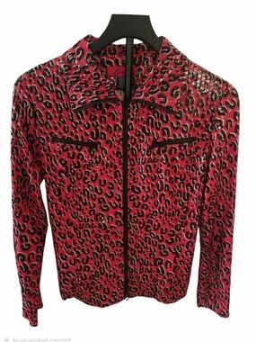 Carina Red Sequin Leopard Print Jacket Full Zip Animal Moto Coat Size M